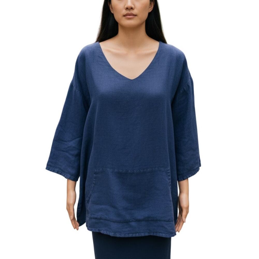 Bryn Walker Blue Judy Linen V Neck Kangaroo Pocket Top